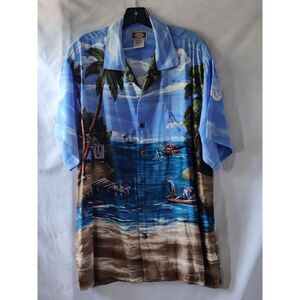 Mens Hawaiian Shirt Size L Global Tracking GPS Blue Short Sleeve Button Up